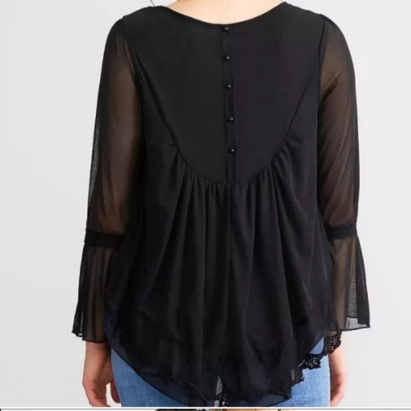 Cato • Women's Black Sheer Crochet Lace Bell Sleeve Peasant Blouse - Picture 3 of 16